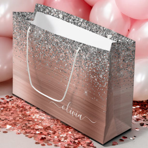 Brushed Metal Rose Gold Silver Glitter Monogram Large Gift Bag