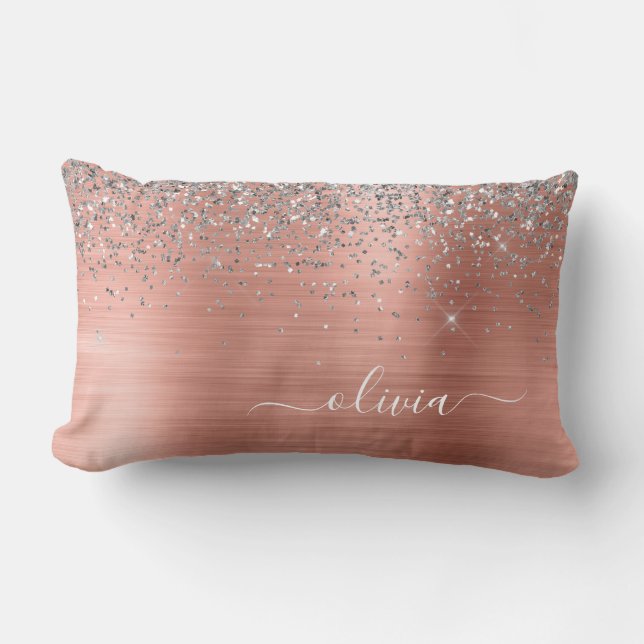 Brushed Metal Rose Gold Silver Glitter Monogram Lumbar Cushion (Front)