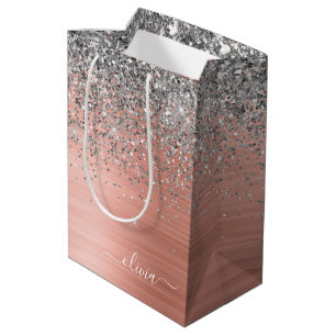 Brushed Metal Rose Gold Silver Glitter Monogram Medium Gift Bag