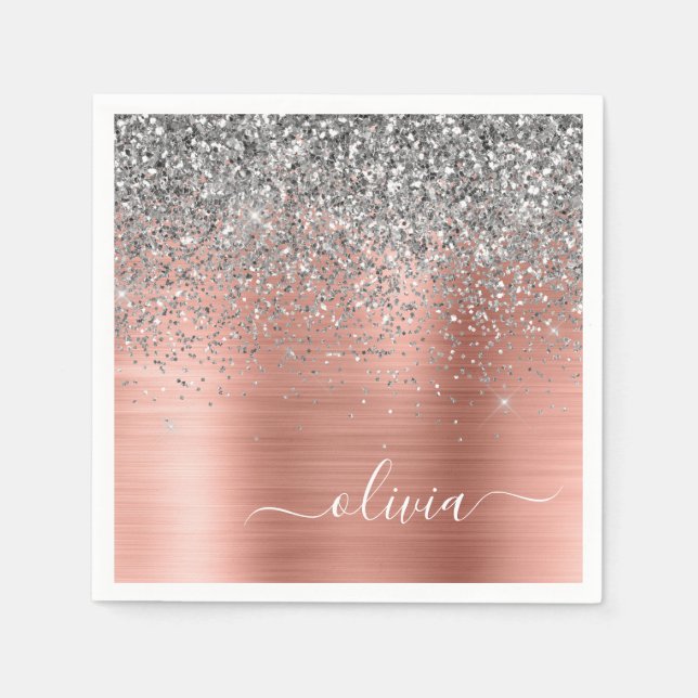 Brushed Metal Rose Gold Silver Glitter Monogram Napkin (Front)