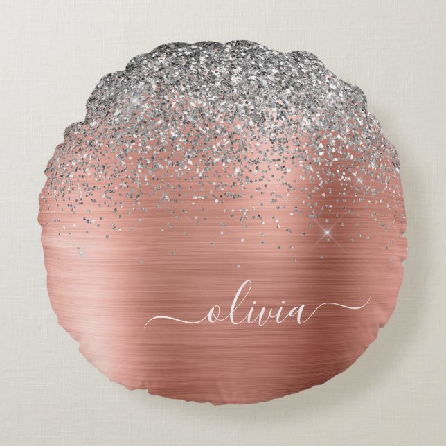 Brushed Metal Rose Gold Silver Glitter Monogram Round Cushion (Front)