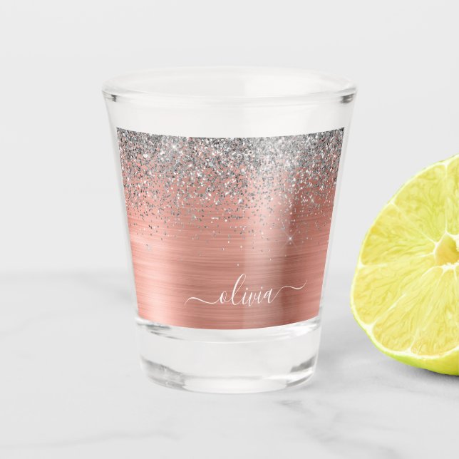 Brushed Metal Rose Gold Silver Glitter Monogram Shot Glass (Front)