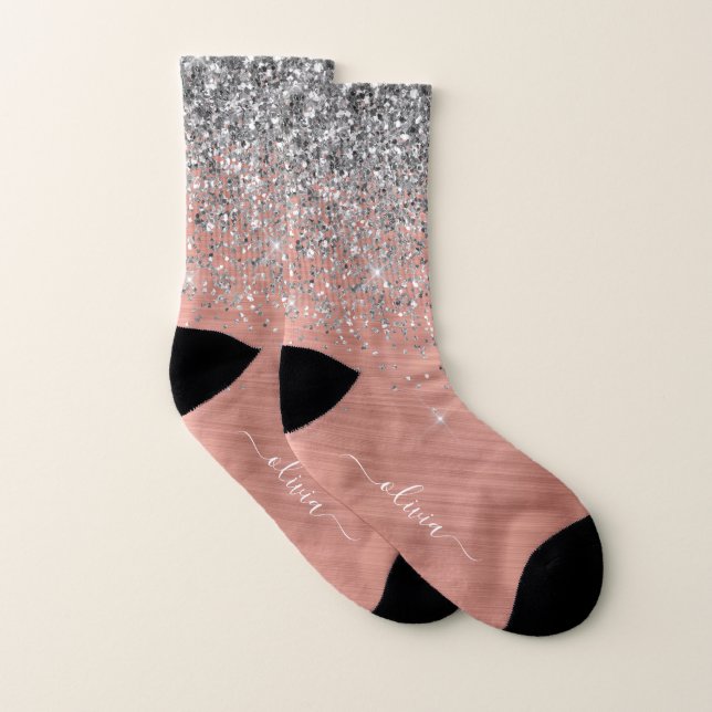 Brushed Metal Rose Gold Silver Glitter Monogram Socks (Pair)