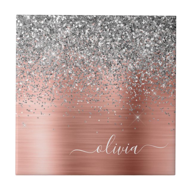 Brushed Metal Rose Gold Silver Glitter Monogram Tile (Front)