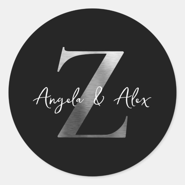 Brushed Metal Silver Black Wedding Monogram Z Classic Round Sticker (Front)