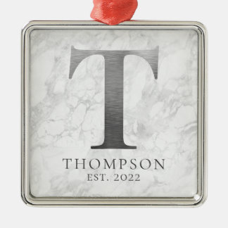 Brushed Metal Silver Monogram T Marble Tree Decoration