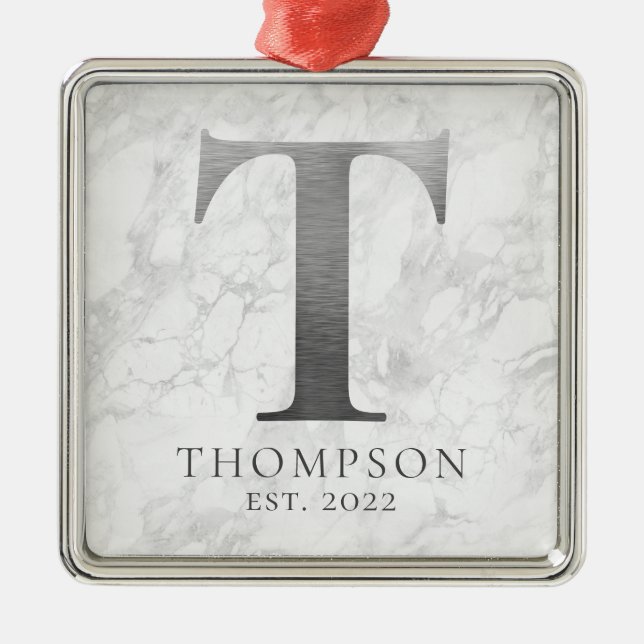 Brushed Metal Silver Monogram T Marble Tree Decoration (Front)