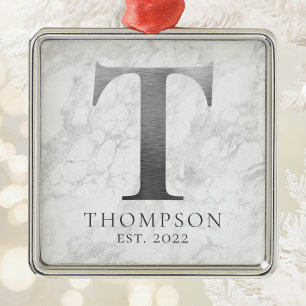 Brushed Metal Silver Monogram T Marble Tree Decoration