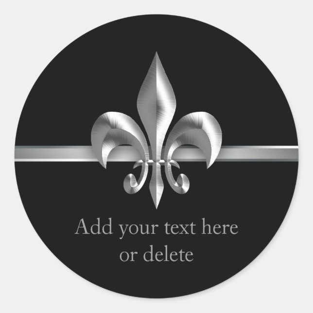 Brushed Metal Style Silver Fleur de Lis Classic Round Sticker (Front)