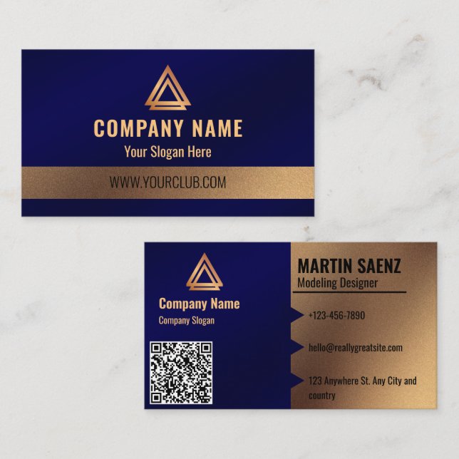Brushed Metallic Blue Company Logo QR Code  Business Card (Front/Back)