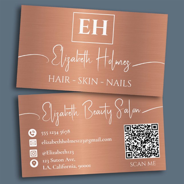 Brushed Metallic Copper Monogrammed QR Code Business Card (Creator Uploaded)