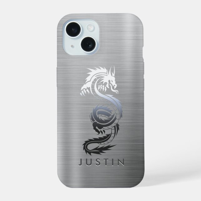 Brushed Metallic Dragon iPhone 15 Case (Back)