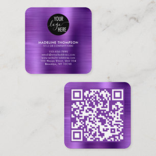 Brushed Metallic Purple Company Logo QR Code Square Business Card