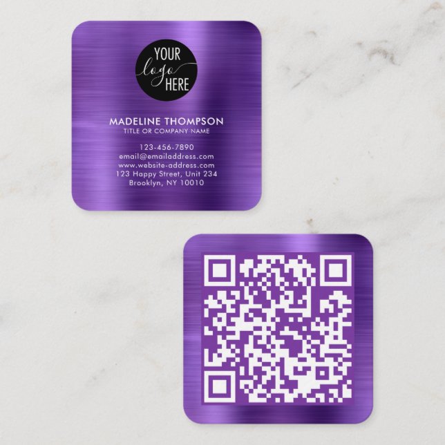 Brushed Metallic Purple Company Logo QR Code Square Business Card (Front/Back)