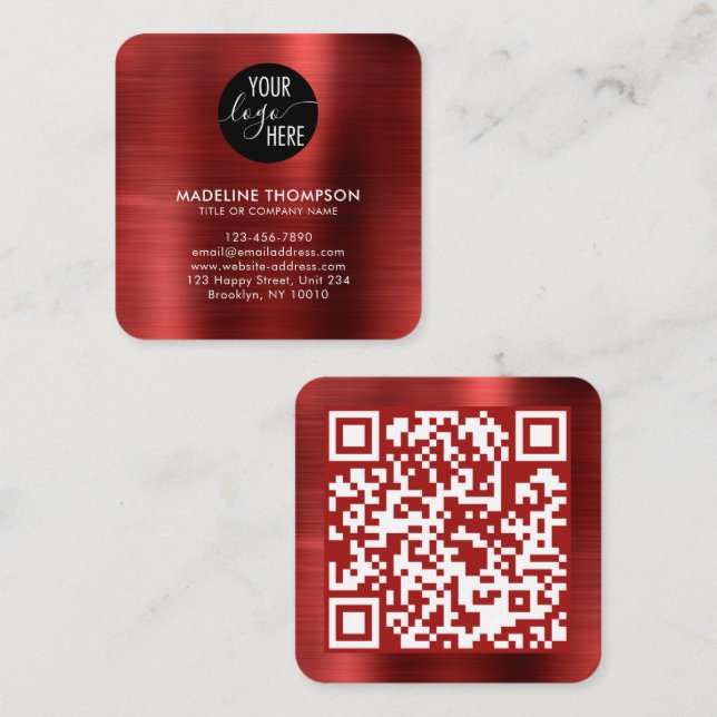 Brushed Metallic Red Company Logo QR Code Square Business Card (Front/Back)