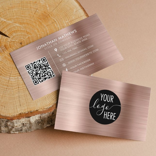 Brushed Metallic Rose Gold Company Logo QR Code Business Card (Creator Uploaded)