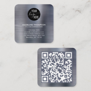 Brushed Metallic Silver Gray Company Logo QR Code Square Business Card