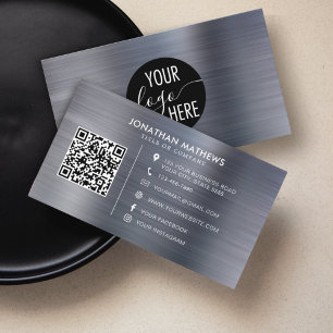 Brushed Metallic Silver Grey Company Logo QR Code Business Card