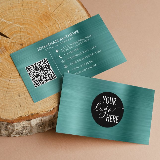 Brushed Metallic Teal Company Logo QR Code Business Card (Creator Uploaded)