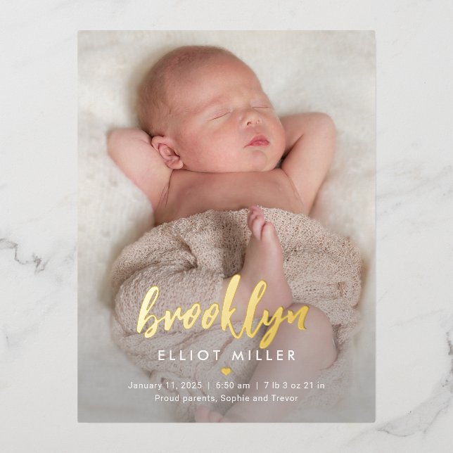 Brushed Name Foil Baby Birth Announcement Postcard (Front)