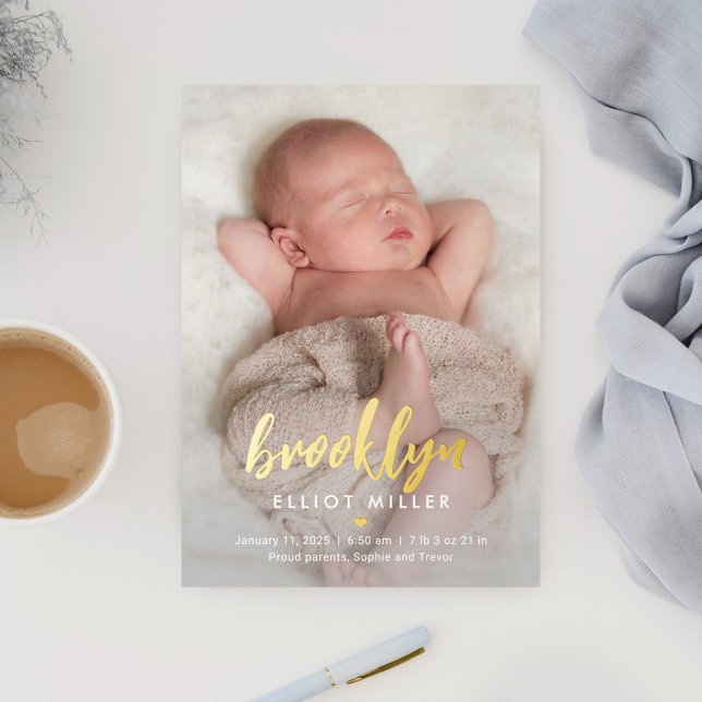 Brushed Name Foil Modern Baby Birth Announcement (Creator Uploaded)