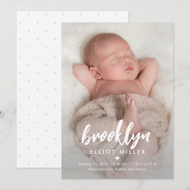 Brushed Name Modern Baby Birth Announcement (Front/Back)