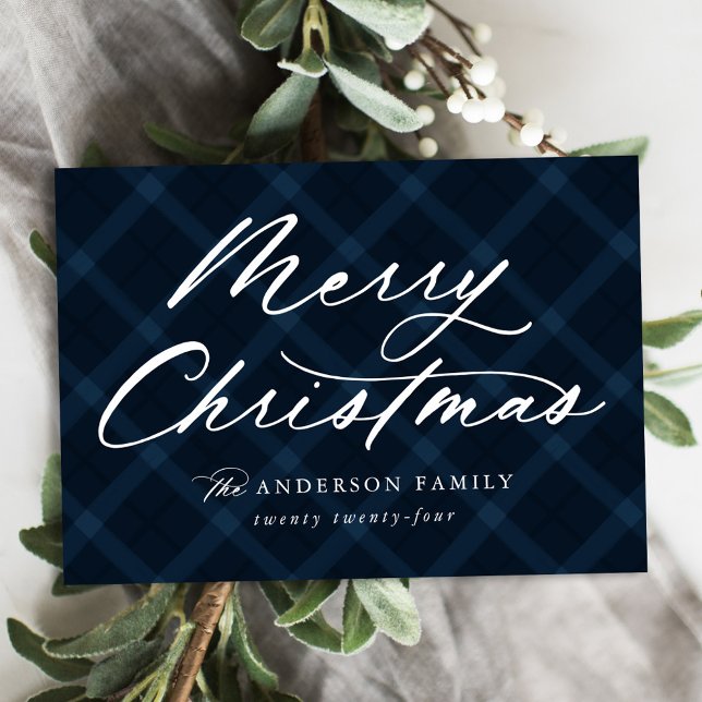 Brushed Navy Plaid Merry Christmas Non-Photo Holiday Card (Creator Uploaded)