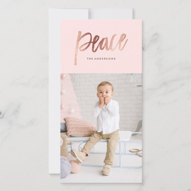 Brushed Peace Rose Gold Holiday Photo Card (Front)