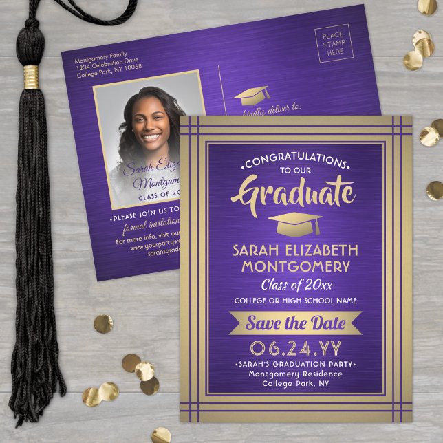 Brushed Purple & Gold Graduate Photo Save the Date Announcement Postcard (Creator Uploaded)