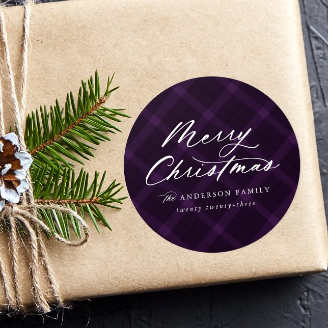 Brushed Purple Plaid Merry Christmas Classic Round Sticker (Creator Uploaded)