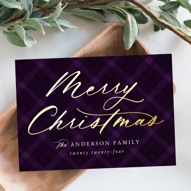 Brushed Purple Plaid Merry Christmas Non-Photo Foil Holiday Card (Creator Uploaded)