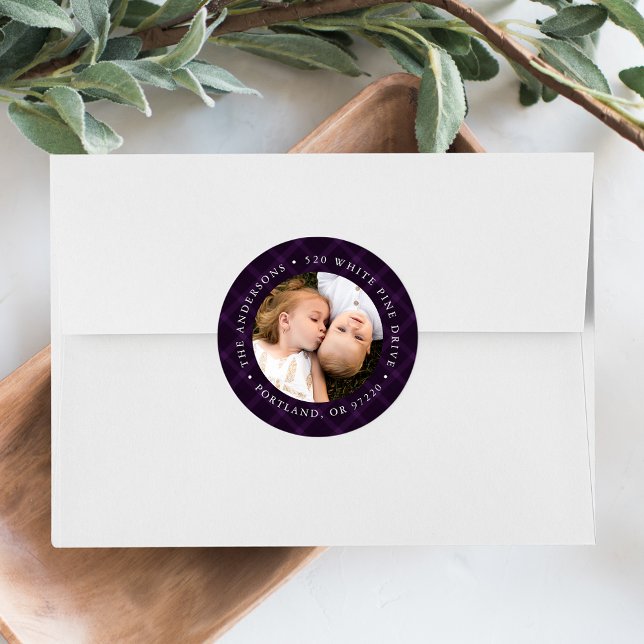 Brushed Purple Plaid Photo Return Address Label (Creator Uploaded)