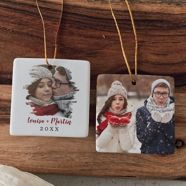 Brushed Red Couples Keepsake Photo Ceramic Ornament (Creator Uploaded)