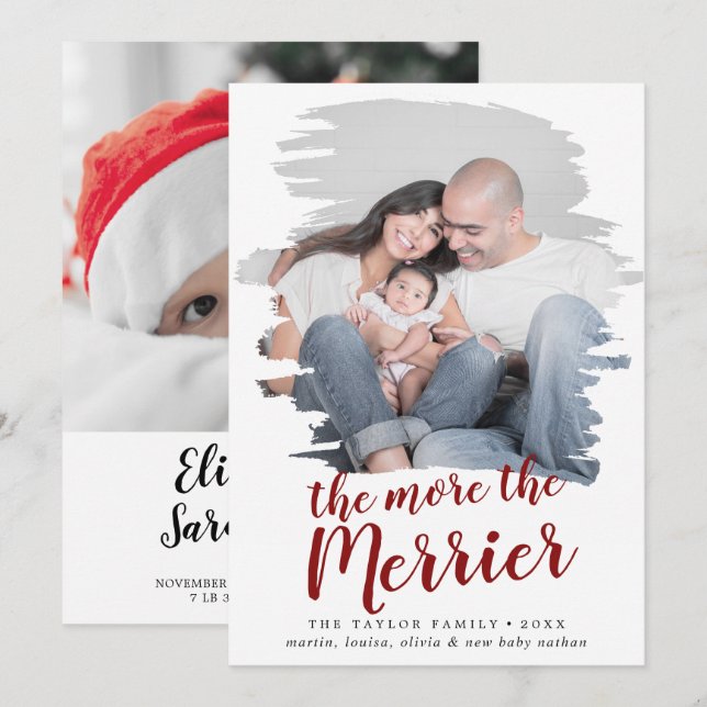 Brushed Red More The Merrier Birth Announcement (Front/Back)