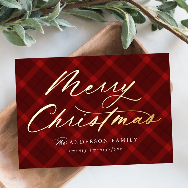 Brushed Red Plaid Merry Christmas Non-Photo Foil Holiday Card (Creator Uploaded)