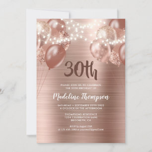 Brushed Rose Gold String Light Balloon Birthday Invitation