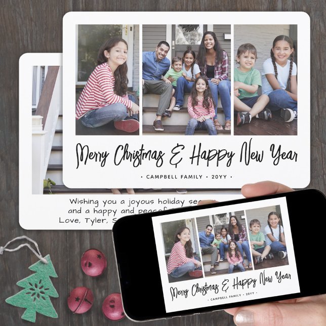 Brushed Script Christmas & New Years Four Photo Holiday Card (Creator Uploaded)