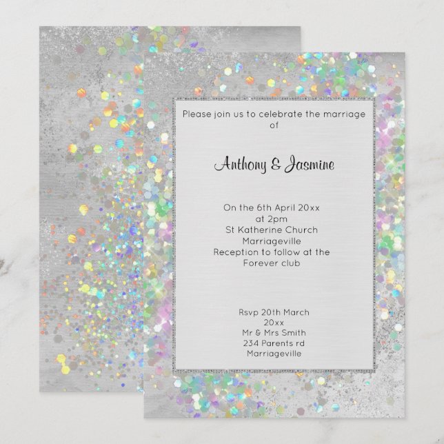 BRUSHED SILVER MARBLE HOLOGRAPHIC PASTEL WEDDING INVITATION (Front/Back)