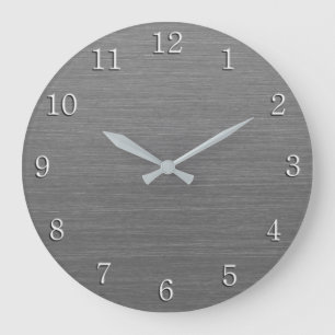 Brushed Silver Metal Look with White Numbers Large Clock