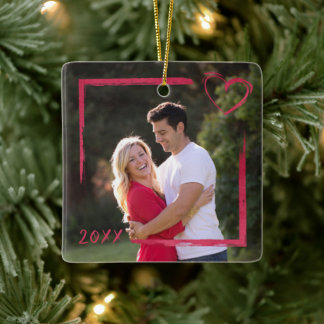Brushed Square Outline and Heart Photo Year Ceramic Ornament