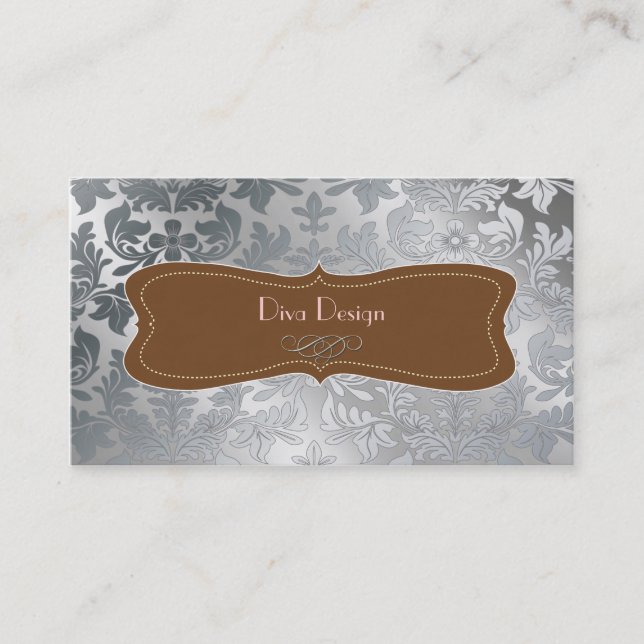 Brushed steel baroque damask business card (Front)