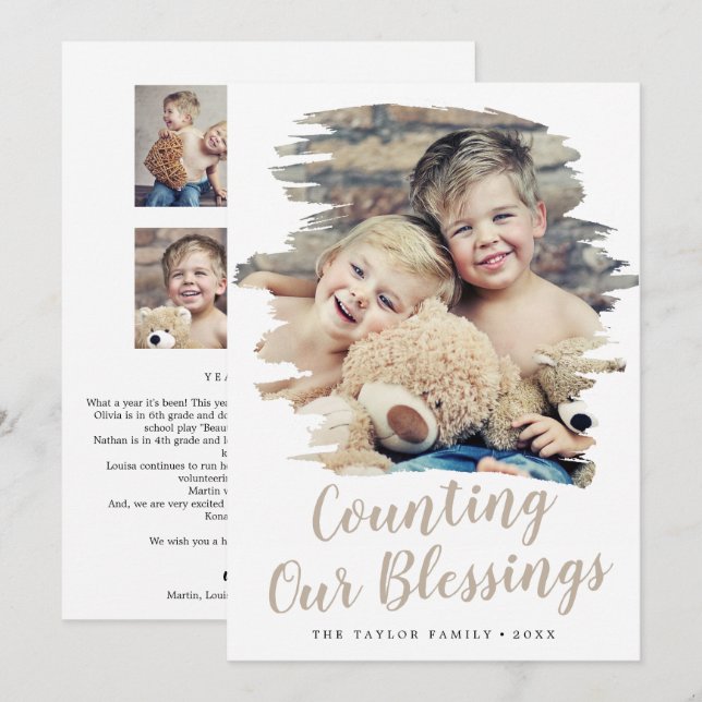 Brushed Tan Counting Our Blessings Year In Review Holiday Card (Front/Back)