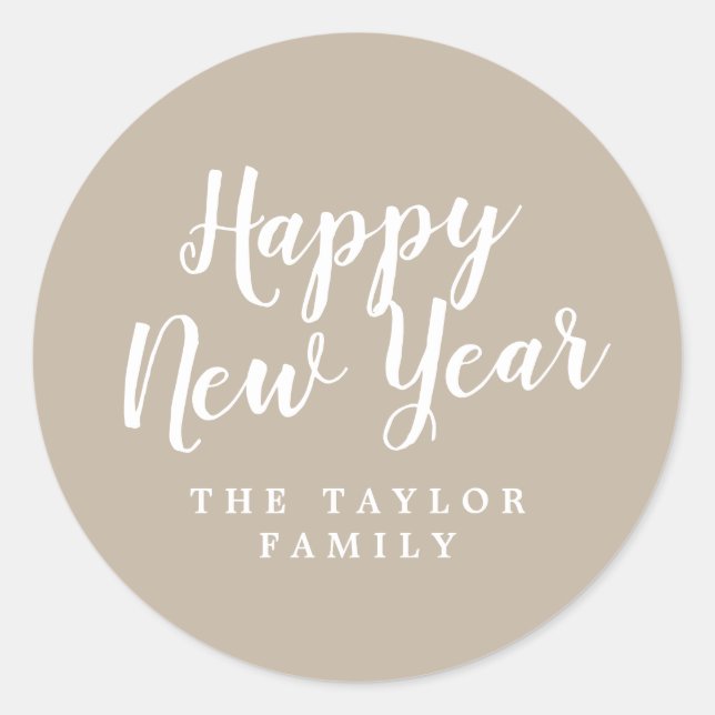 Brushed Tan Happy New Year Holiday Gift Classic Round Sticker (Front)