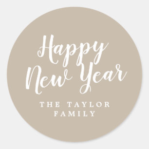 Brushed Tan Happy New Year Holiday Gift Classic Round Sticker