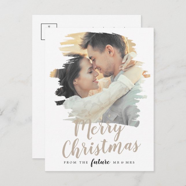 Brushed Tan Merry Christmas Save the Date Photo Holiday Postcard (Front/Back)