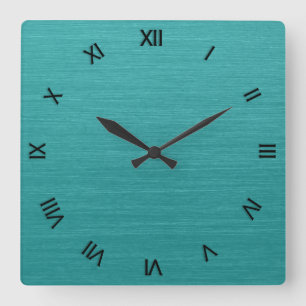 Brushed Teal Metal Look kash001 Roman Numerals Square Wall Clock