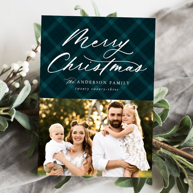 Brushed Teal Plaid Merry Christmas 3 Photo Holiday Card (Creator Uploaded)