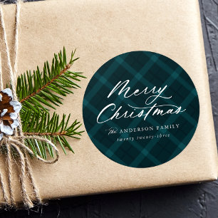 Brushed Teal Plaid Merry Christmas Classic Round Sticker