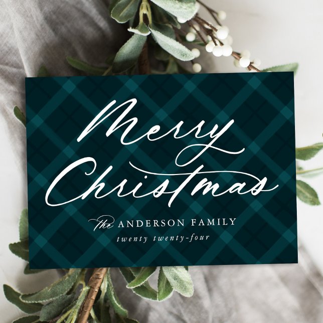 Brushed Teal Plaid Merry Christmas Non-Photo Holiday Card (Creator Uploaded)