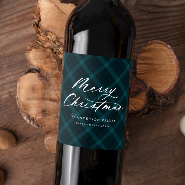 Brushed Teal Plaid Merry Christmas Wine Label (Creator Uploaded)